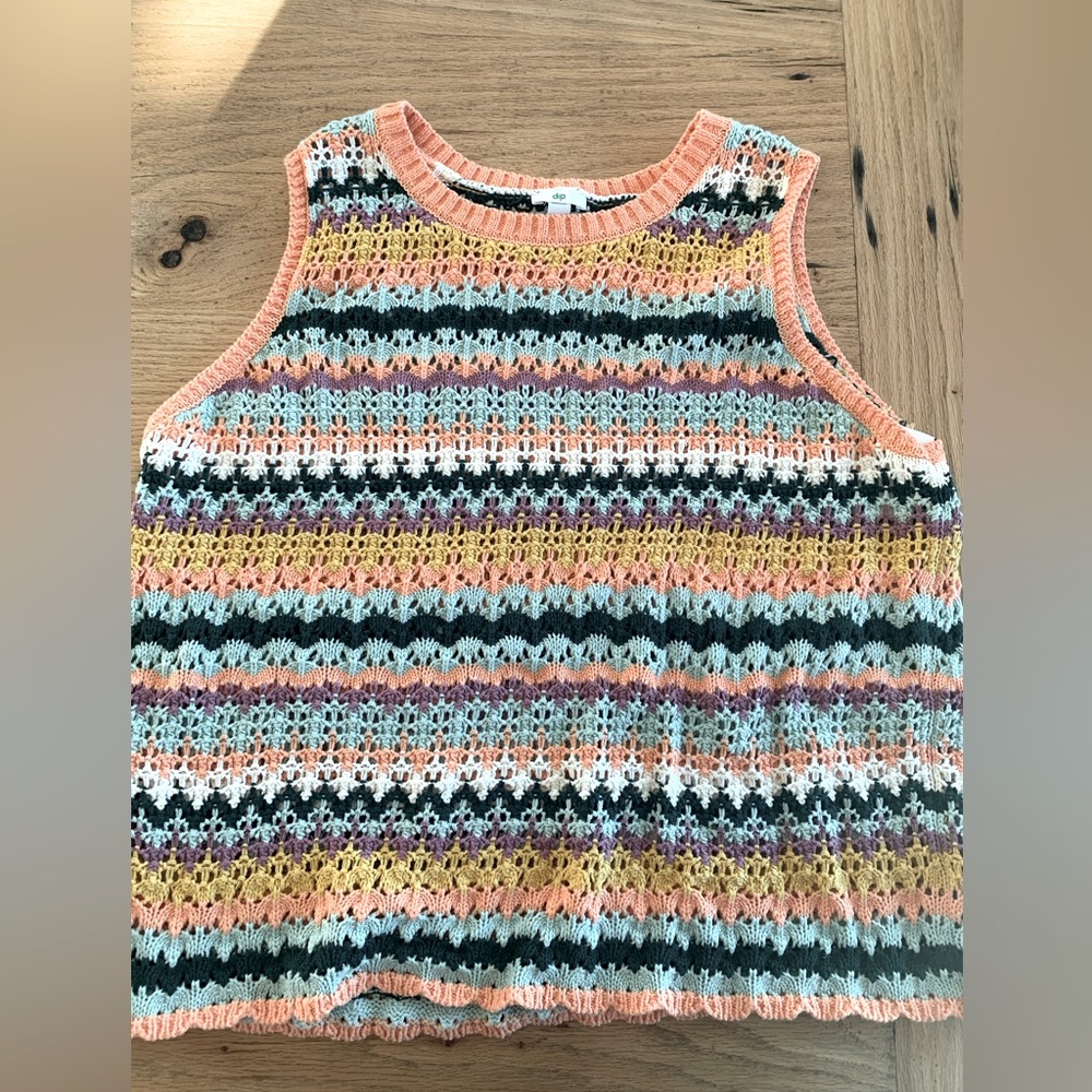 Dip Scalloped Crochet Vest Peach Turquoise Cotton‎ Women’s Size XL Preloved